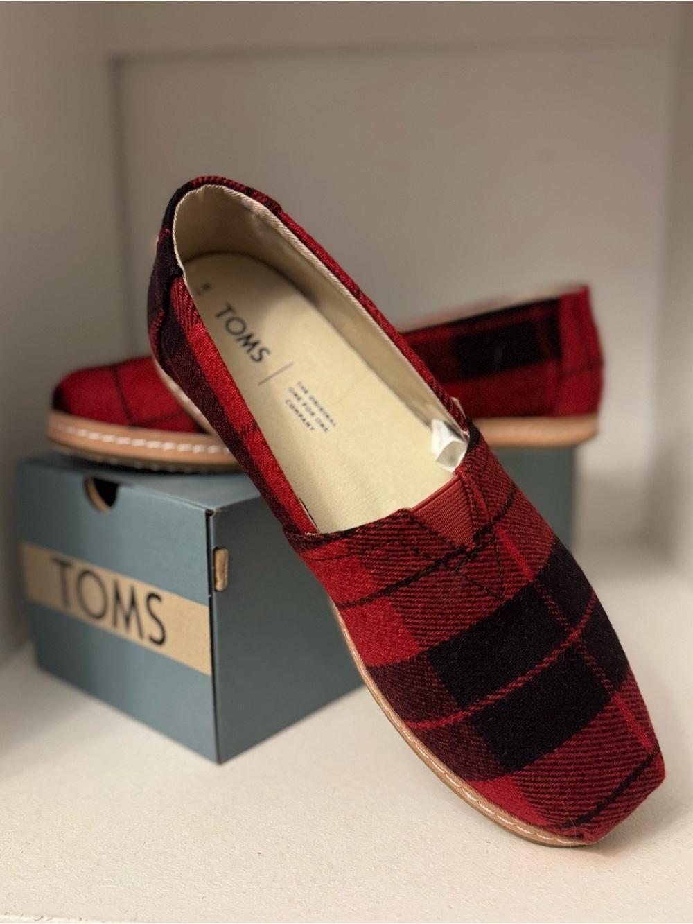 TOMS Red and Black Plaid Canvas Slip-On Flats